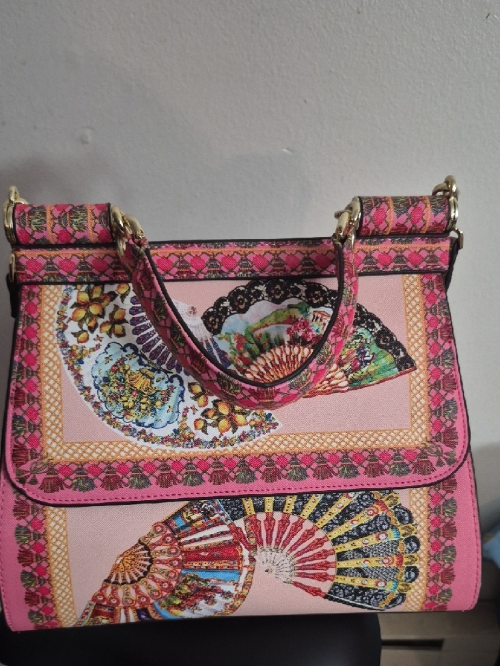 Pink Fan-Embellished Top-Handle Satchel - Picture 4 of 9